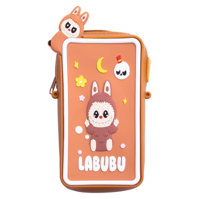 Сумочка-футляр для телефона Лабубу силиконовая на молнии 17*10*3 см, коричневый