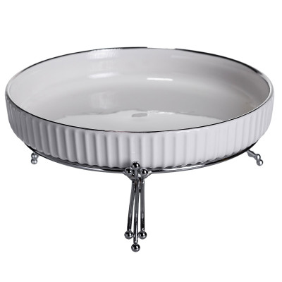 Фруктовница фарфоровая на металлической подставке 25 см, серебристый