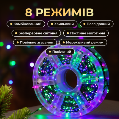 Гірлянда-нитка Роса Хвойна лапа 1500 LED 50 метрів зелена нитка, мультиколор
