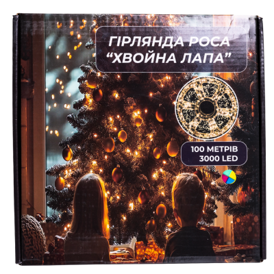 Гирлянда-нить Роса Хвойная лапа 3000 LED 100 метров зеленая нить, мультиколор