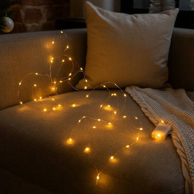 Гирлянда Роса нитка 50 LED длина 5 м на батарейках, желтый