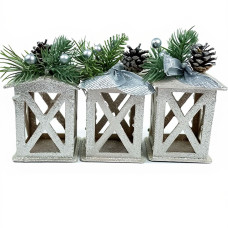 Новогодняя подвеска деревянная 3 штуки «Фонарь» объемная 6*6*11 см, серебряный