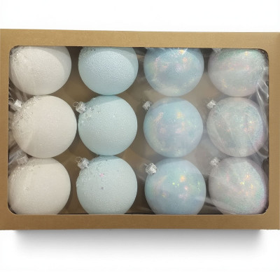 Набор новогодних шаров Микс 12 штук 8 см блеск+глянец, белый/голубой