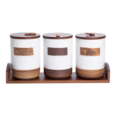 Набор банок для сыпучих продуктов 3 штуки по 800 мл на бамбуковой подставке, бежевый