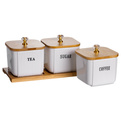 Набор банок для хранения 3 штуки по 350 мл с крышками на бамбуковой подставке Набор банок для хранения 3 штуки по 350 мл с крышками на бамбуковой подставке