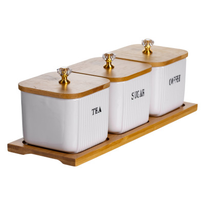 Набор банок для хранения 3 штуки по 350 мл с крышками на бамбуковой подставке Набор банок для хранения 3 штуки по 350 мл с крышками на бамбуковой подставке