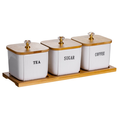 Набор банок для хранения 3 штуки по 350 мл с крышками на бамбуковой подставке Набор банок для хранения 3 штуки по 350 мл с крышками на бамбуковой подставке