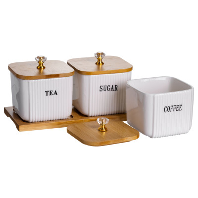 Набор банок для хранения 3 штуки по 350 мл с крышками на бамбуковой подставке Набор банок для хранения 3 штуки по 350 мл с крышками на бамбуковой подставке