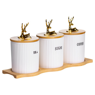 Набор банок для хранения 3 штуки по 400 мл с бамбуковыми крышками на подставке Набор банок для хранения 3 штуки по 400 мл с бамбуковыми крышками на подставке