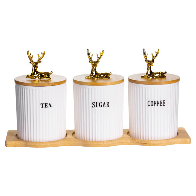 Набор банок для хранения 3 штуки по 400 мл с бамбуковыми крышками на подставке