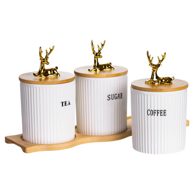 Набор банок для хранения 3 штуки по 400 мл с бамбуковыми крышками на подставке Набор банок для хранения 3 штуки по 400 мл с бамбуковыми крышками на подставке