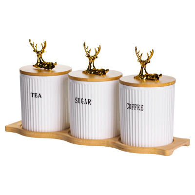 Набор банок для хранения 3 штуки по 400 мл с бамбуковыми крышками на подставке Набор банок для хранения 3 штуки по 400 мл с бамбуковыми крышками на подставке