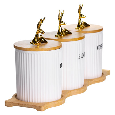 Набор банок для хранения 3 штуки по 400 мл с бамбуковыми крышками на подставке Набор банок для хранения 3 штуки по 400 мл с бамбуковыми крышками на подставке