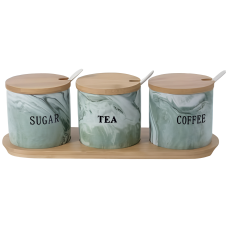 Набор банок для хранения 3 штуки по 180 мл на бамбуковой подставке, мрамор