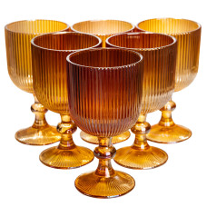 Набор бокалов для вина 6 штук по 300 мл ребристых из толстого стекла, янтарный