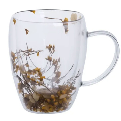 Чашка скляна з подвійними стінками 350 мл з декором сухоцвітів