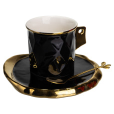 Чашка для кофе фарфоровая 200 мл с блюдцем и ложкой, черный