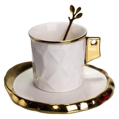 Чашка для кави порцелянова 200 мл з блюдцем та ложкою, білий