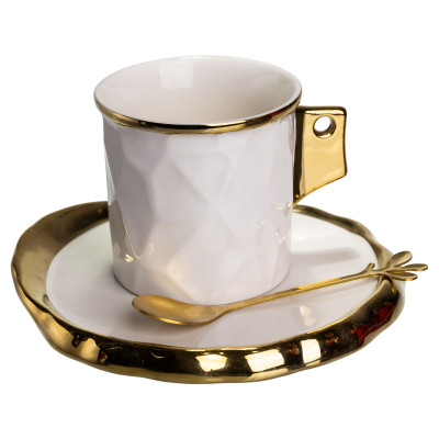 Чашка для кави порцелянова 200 мл з блюдцем та ложкою, білий