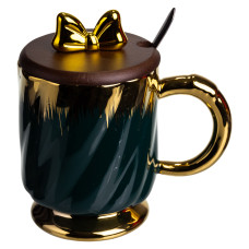 Чашка фарфоровая Ribbon 450 мл с крышкой и ложкой, малахит