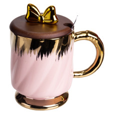 Чашка фарфоровая Ribbon 450 мл с крышкой и ложкой, розовый
