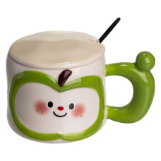 Чашка фарфоровая Cute Apple 400 мл с крышкой и ложкой, зеленый