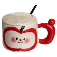 Чашка фарфоровая Cute Apple 400 мл с крышкой и ложкой, красный