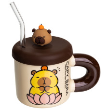 Чашка фарфоровая Капибара на кувшинке 400 мл с крышкой и трубочкой