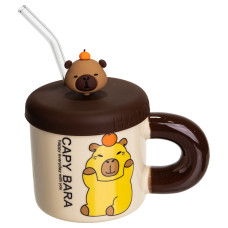 Чашка фарфоровая Капибара с апельсином 400 мл с крышкой и трубочкой