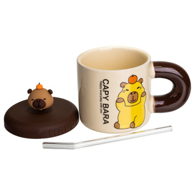 Чашка порцелянова Капібара з апельсином 400 мл з кришкою і трубочкою