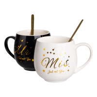 Парные чашки фарфоровые Mr & Mis 350 мл с ложками