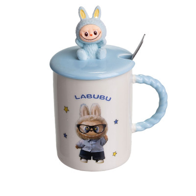 Чашка фарфоровая Labubu 300 мл с крышкой и ложкой, голубой
