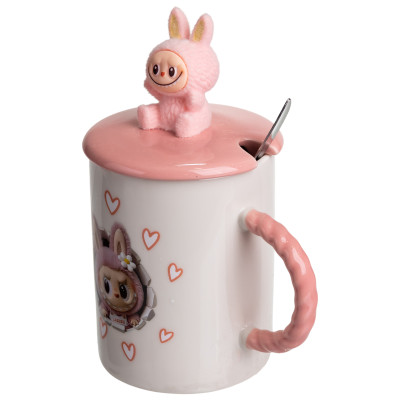 Чашка фарфоровая Labubu 300 мл с крышкой и ложкой, розовый Чашка фарфоровая Labubu 300 мл с крышкой и ложкой, розовый