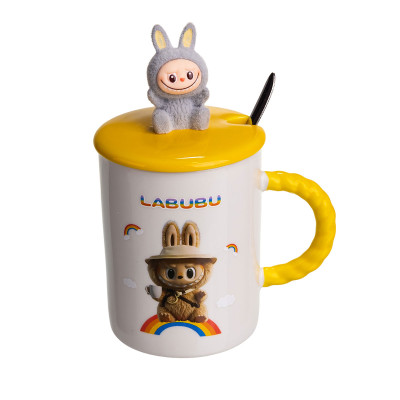 Чашка порцелянова Labubu 300 мл з кришкою і ложкою, жовтий