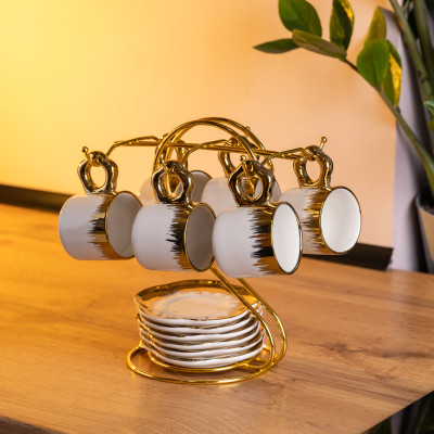 Набір для кави із порцеляни 12 предметів на 6 персон на металевій підставці, білий