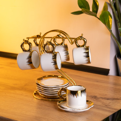 Набір для кави із порцеляни 12 предметів на 6 персон на металевій підставці, білий