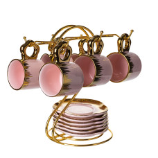 Набор для кофе из фарфора 12 предметов на 6 персон на металлической подставке, розовый