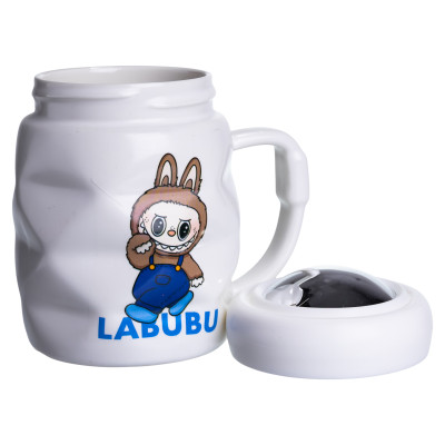 Чашка фарфоровая Labubu 400 мл с крышкой, белый с синий