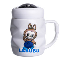 Чашка порцелянова Labubu 400 мл з кришкою, білий з синій