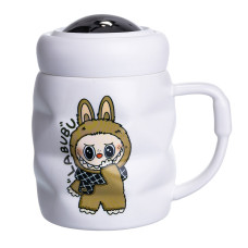 Чашка фарфоровая Labubu 400 мл с крышкой, белый с коричневым