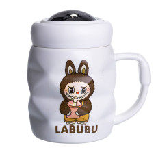 Чашка фарфоровая Labubu 400 мл с крышкой, белый с темно-коричневым