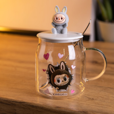 Чашка скляна Labubu 600 мл з ложкою та порцеляновою кришкою, сірий