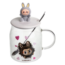 Чашка скляна Labubu 600 мл з ложкою та порцеляновою кришкою, сірий