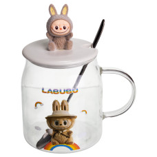 Чашка скляна Labubu 600 мл з ложкою і порцеляновою кришкою, коричневий