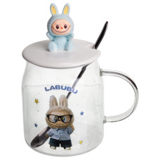 Чашка скляна Labubu 600 мл з ложкою і порцеляновою кришкою, блакитний