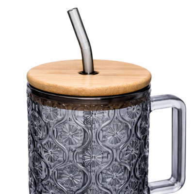 Кружка стеклянная NIKA 750 мл с крышкой и трубочкой, дымчатый