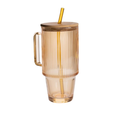 Кружка стеклянная ICE Tea 750 мл с крышкой и трубочкой, карамель
