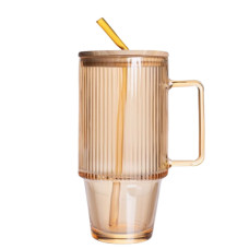 Кружка стеклянная ICE Tea 750 мл с крышкой и трубочкой, карамель