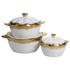 Набор фарфоровых кастрюль для супа 3 штуки 0.8 л/1.8 л/2.5 л с золотой каймой