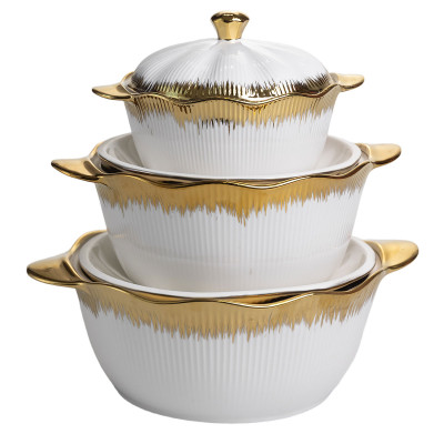 Набір порцелянових каструль для супу 3 штуки 0.8 л/1.8 л/2.5 л з золотою облямівкою
